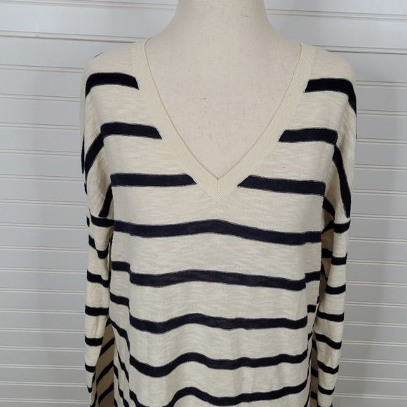 VINCE Navy & Ivory Striped Lightweight Cotton Long Sleeve Tunic Top Large - Picture 2 of 9